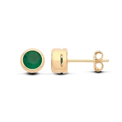 Runde Solitär-Ohrstecker 9 kt Gold auf Sterlingsilber 925 natürlicher grüner Onyx