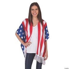 Patriotic Red White Blue Stars Stripes Flag Kimono w/Fringes. Size 31" X 38".