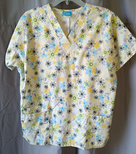 Scrub H.Q. Top 3-Pocket Yellow with Flowers Short Sleeves Women's Small