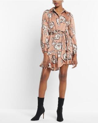 Express Satin Floral Collared Tie Waist Ruffle Mini Shirt Dress Women's S NEW | eBay Express Satin Floral Collared Tie Waist Ruffle Mini Shirt Dress Women's S NEW | eBay