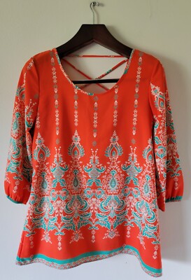 Moa Moa Women's Orange Teal 3/4 Sleeve Lightweight Tunic Top Blouse Shirt Size S