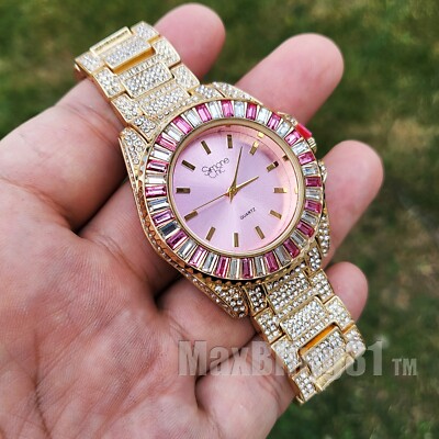 Women's Hip Hop Iced Gold Plated Pink Cubic Zirconia Metal Band Luxury Watch