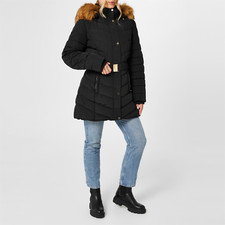 Firetrap Womens Jacket Black 12 Uk Beltbubble Faux Fur Padded Coat
