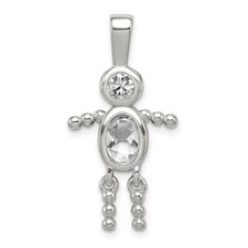 Sterling Silver Rhodium-plated CZ and Birthstone Clear April Glass Boy Pendant