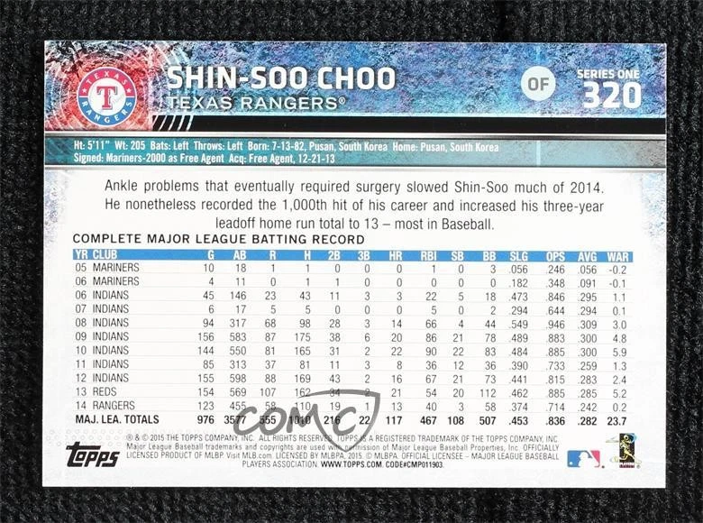 2015 Topps Sparkle Variation Shin-Soo Choo (Sparkle on Throwing Shoulder) #320 - Image 2 of 2