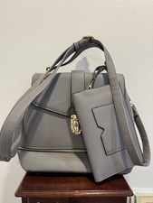 Women's Gray Satchel Top Handle Bag Zip Closure Gold Hardware Detachable Strap