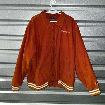 Champion Men's Varsity Jacket Orange Button Embroidered Logo Striped Cuffs 2XL
