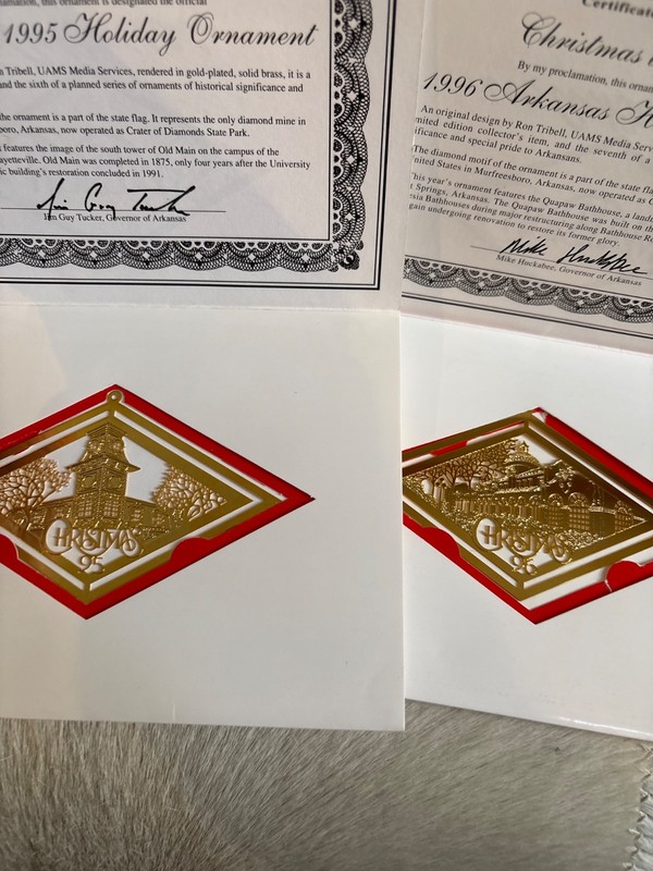 Old Main Arkansas Christmas Ornaments Gold Plated Solid Brass 1995 & 1996 LE