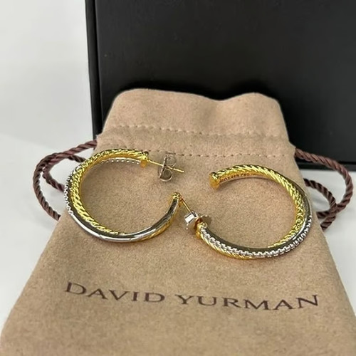 David Yurman 925 Sterling Silver 18K Gold Cable Hoop Earrings Signed 1.25”