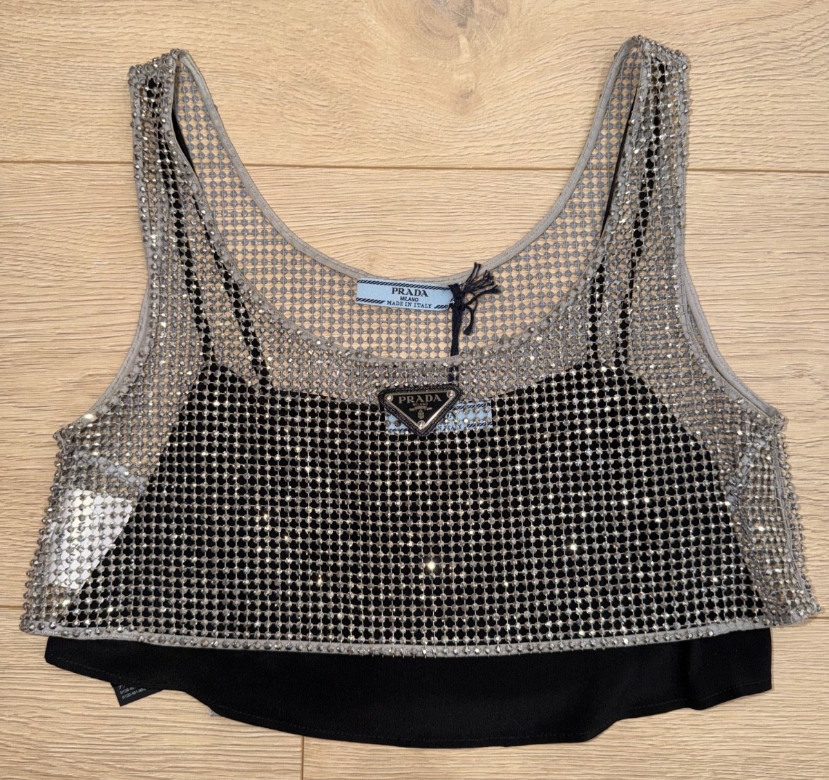 Prada Rhinestone Embellished Crystal Strass Silver Black Logo Vest