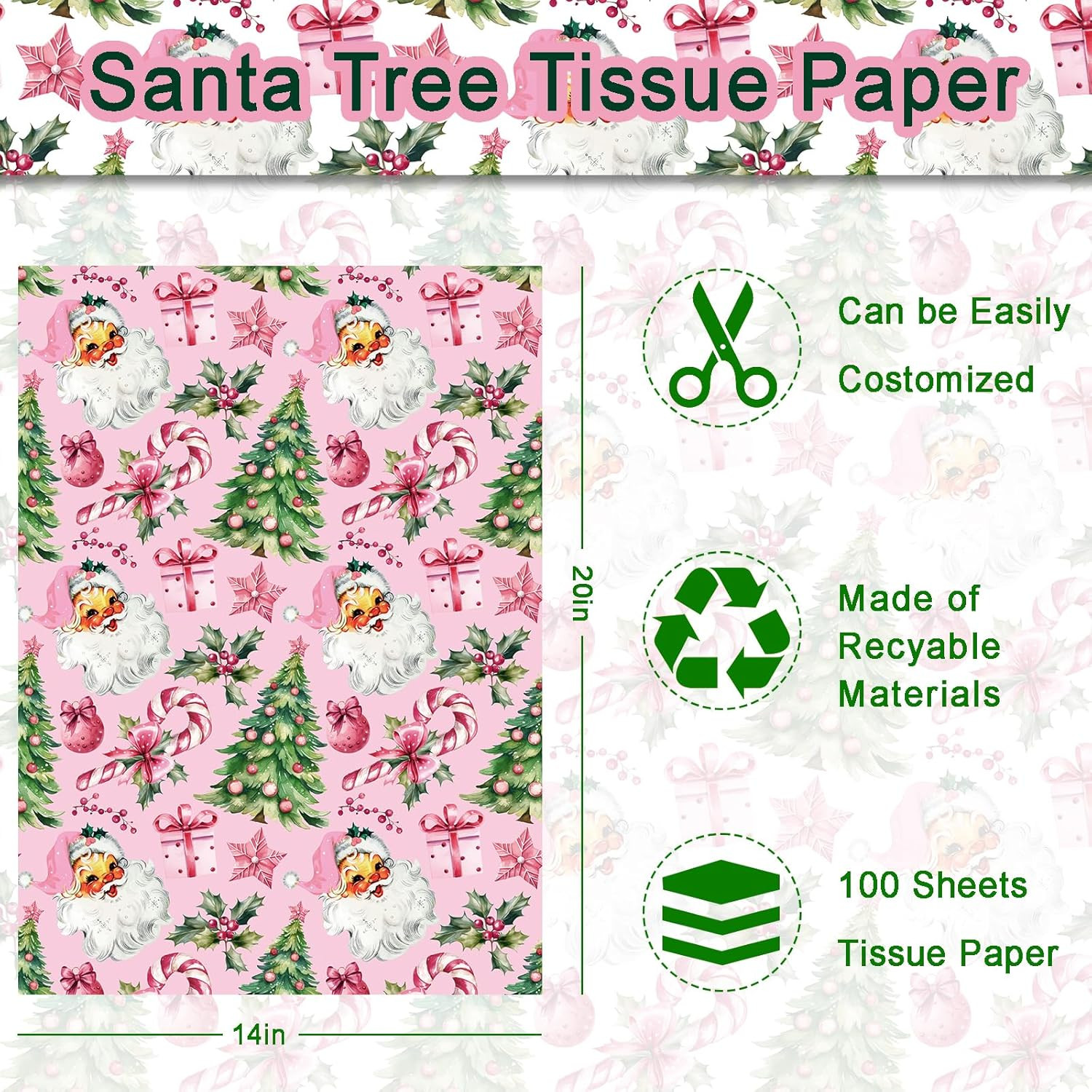 100 Sheets Pink Santa Tissue Paper, Santa Claus Xmas Tree Berries Bell Patter...