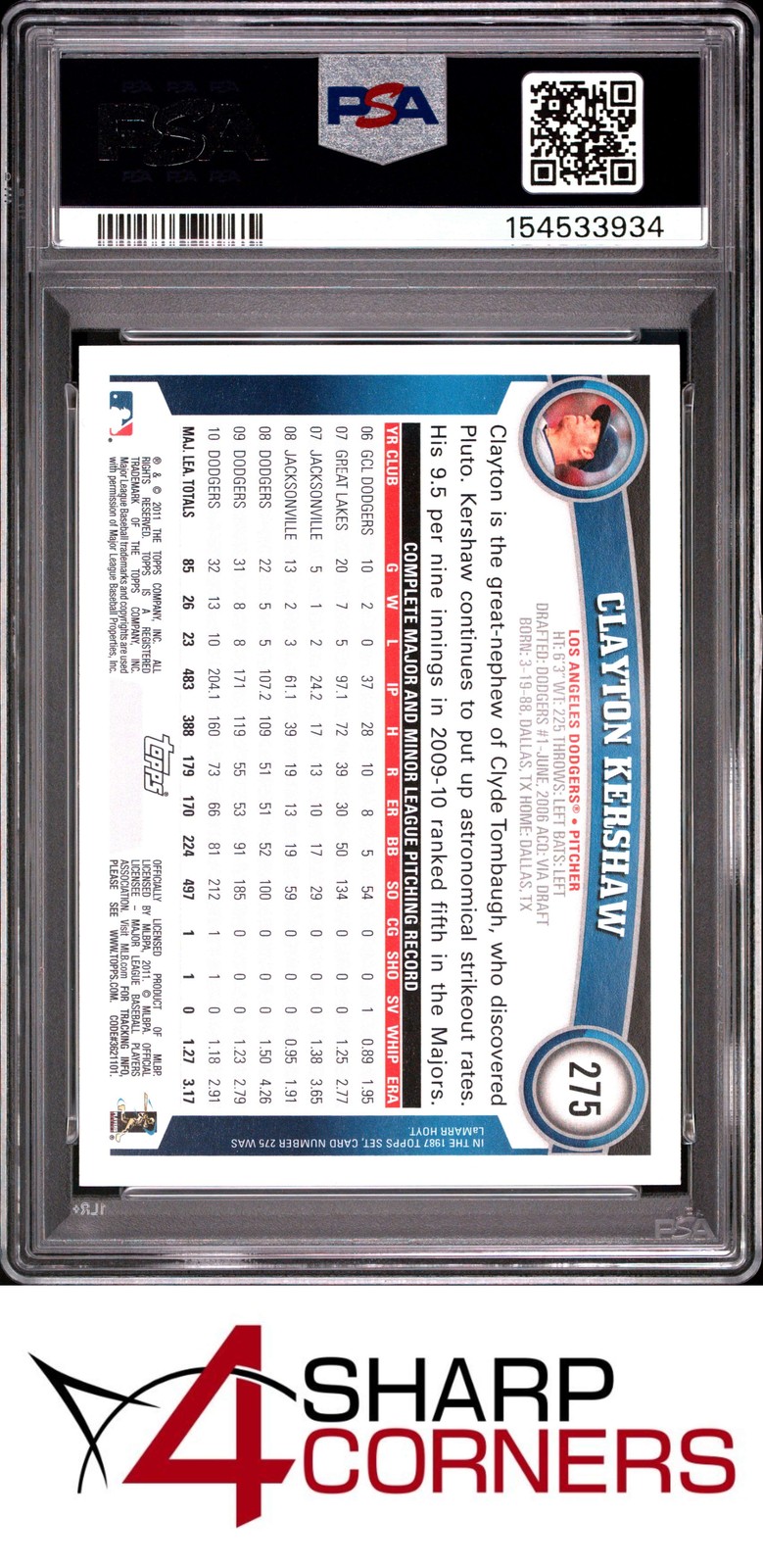 2011 TOPPS #275 CLAYTON KERSHAW DODGERS PSA 10 view 2