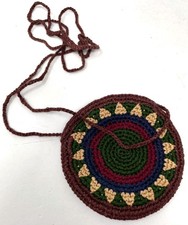 Vintage Boho Crochet Round Coin Purse Neck Pouch 4.5" Multicolor Festival Bag