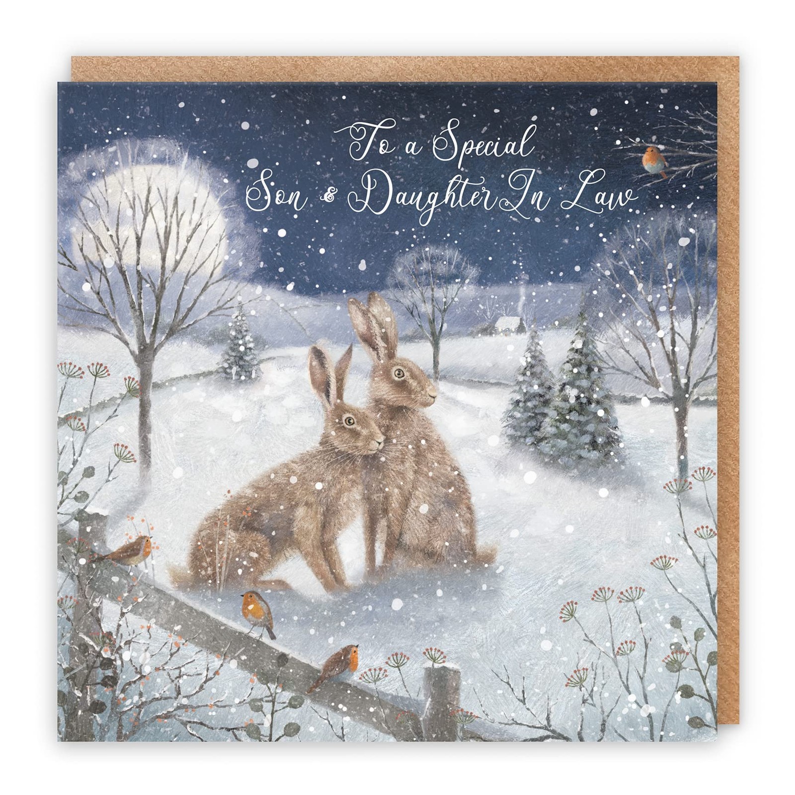 Son And Daughter-in-Law Christmas Card 'Snowy Hares' Milo's Gallery