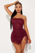 NWT Fashion Nova Size Small Burgundy Aia Asymmetrical Lace Mini Dress