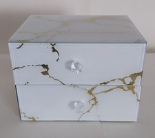 Jewllery Box Gold / White Glass Box - Black Velvet Mirrored 2 Draws