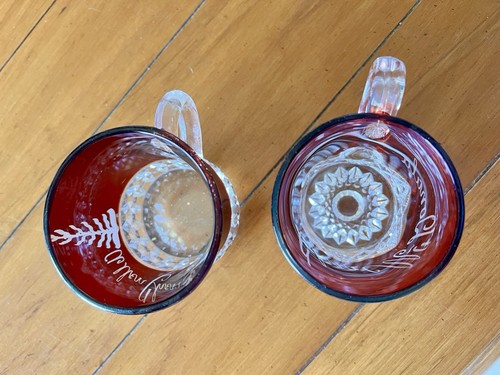 2 EAPG RUBY RED FLASH STAINED INSCRIBED ETCHED ANTIQUE GLASS TEACUP TUMBLER MUGS - Picture 4 of 7