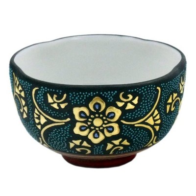 Kutani Ware Plum Sake Cup Blue Gold Flower Arabesque Japan 5cm (2in)