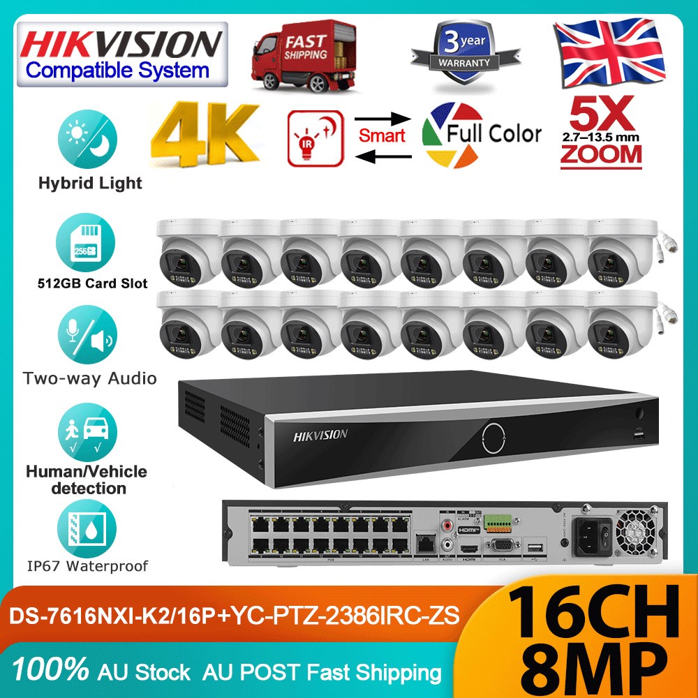 Hikvision 12MP 16CH 5X Zoom 4K Dual Light CCTV System PTZ Camera POE 2-Way Audio