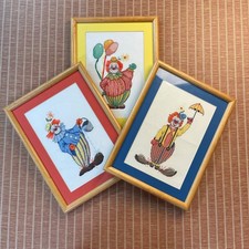 Vintage Needlepoint Colorful Happy Clown Set of 3 Professionally Framed