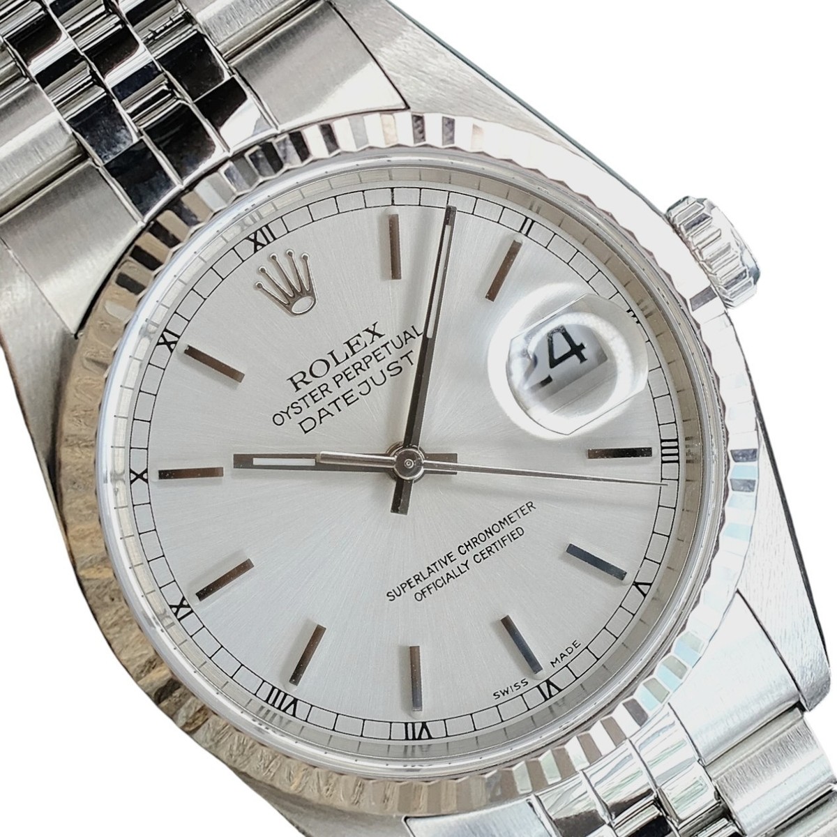 Rolex Mens Datejust 18KW Gold Steel Silver Dial Fluted Bezel