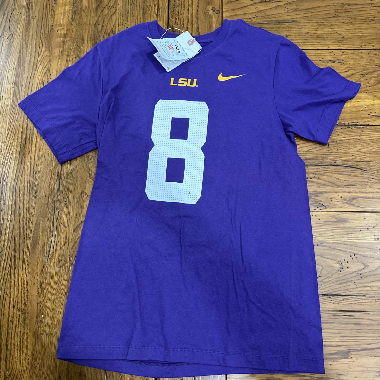 Men’s Nike Tee LSU Tigers College Football Purple Jersey Tee #8 Nabers - Defect
