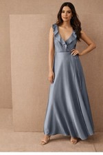 BHLDN Tansy Maxi Gown Ruffle Vneck Gown Wrap Satin Size 10 Dress light blue