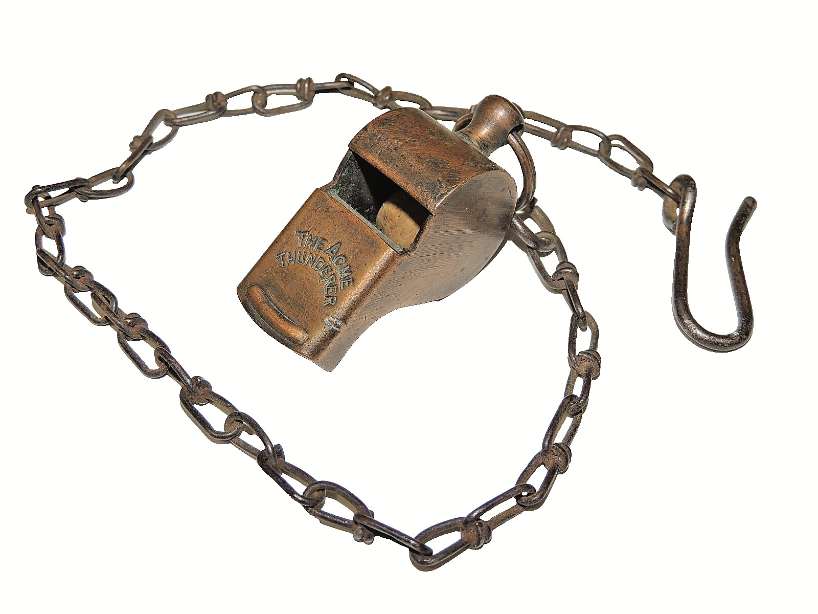 Vintage Brass "THE ACME THUNDERER" Whistle w/cork ball ~ Paten England w/ Chain