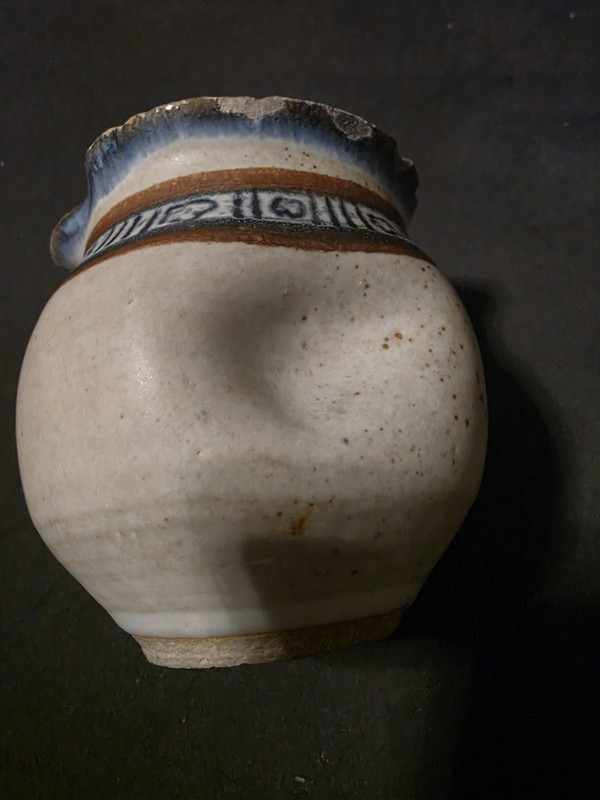 Vintage Handmade Creamy White And Blue Stoneware Mini Crock