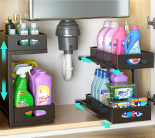 Under Sink Organizer, 2-Pack of 2-Tier Metal Slide Out Pull Out Cabinet Organize