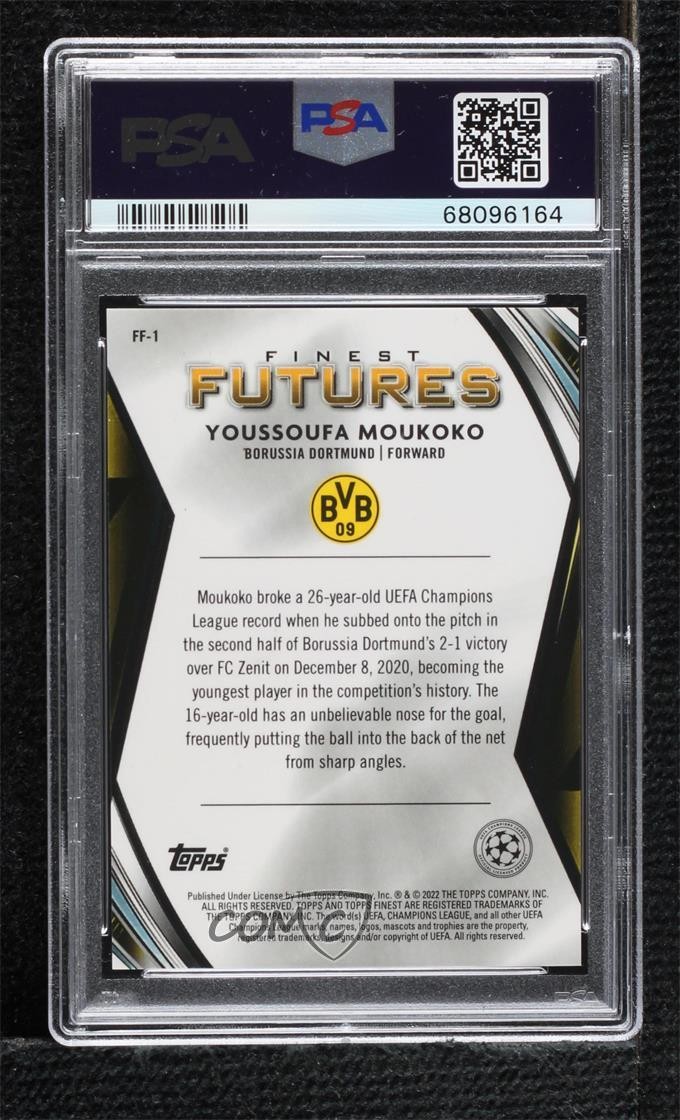 2021 Topps Finest UEFA Champions League Futures Youssoufa Moukoko PSA 10 GEM MT view 2