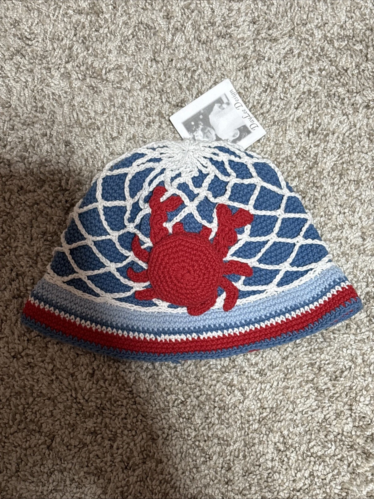 DayLee Design Crab Unisex Hand Crocheted Hat Baby 0-6 Months Blue White Red New