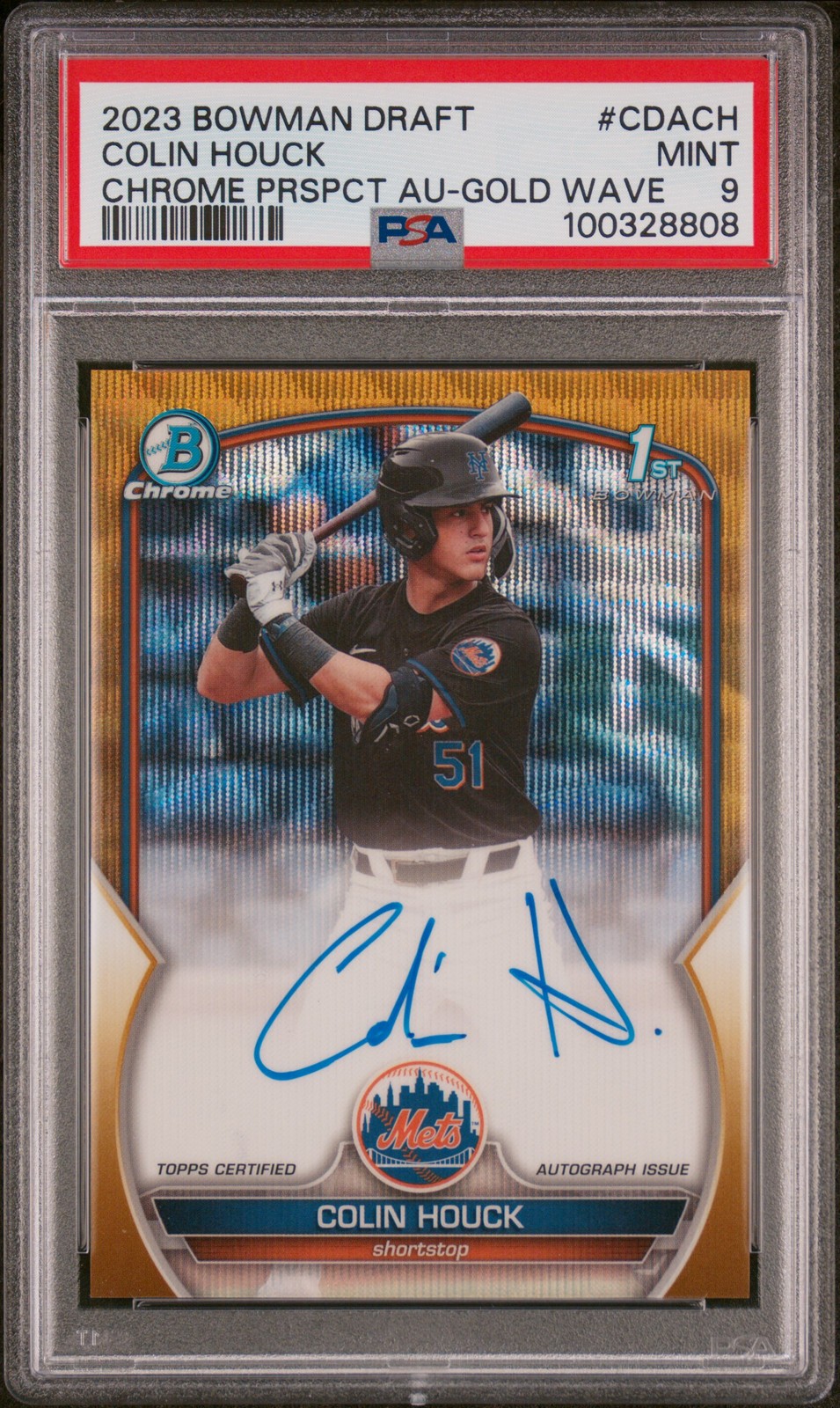 2023 BOWMAN DRAFT CHROME PRSPCT AUTO GOLD WAVE #CDACH COLIN HOUCK 16/50 PSA 9