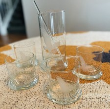 Vintage MCM Frosted Etched Eagle NRA Cocktail Pitcher, Rocks Glasses & Stirrer