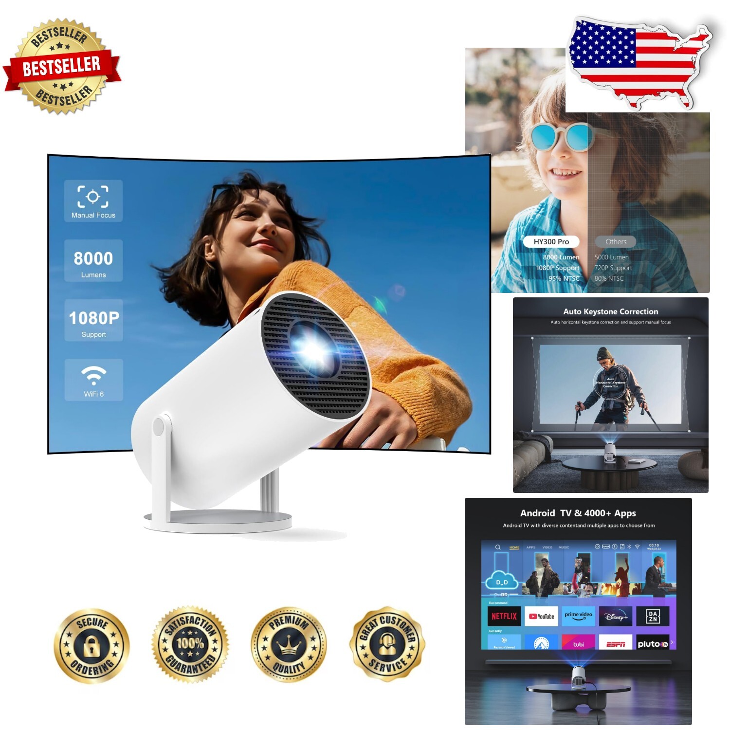 Portable 4K Mini Projector with Stereo Sound and Auto Keystone Correction-image