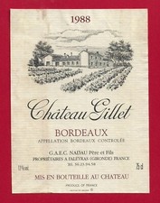 88/45 Etiquette BORDEAUX 1988 Château GILLET GAEC NADAU, à Faleyras mise château