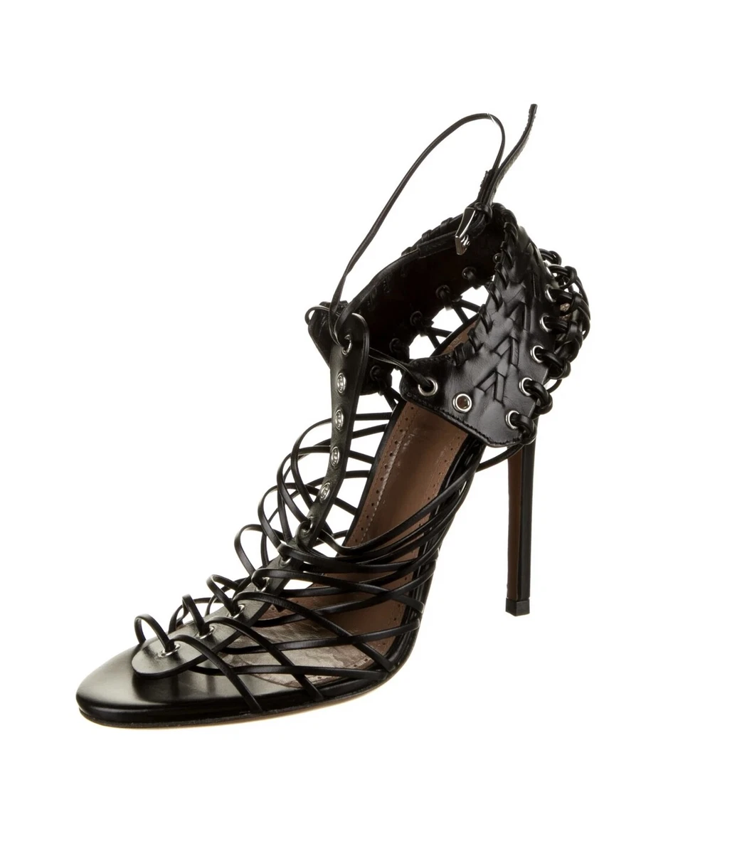 1290 Alaia Black Whipstitch Eyelet Strappy Stiletto Sandals Pumps 38 Shoes