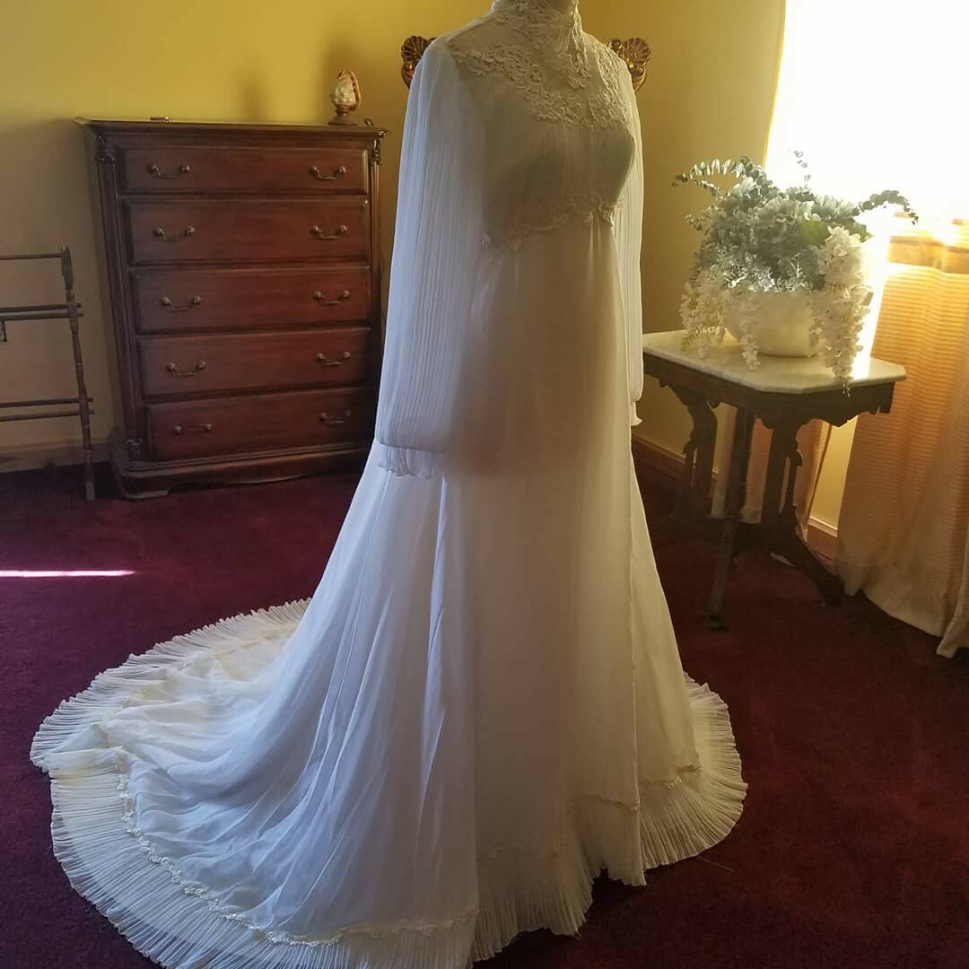 1970's Vintage BOHEMIAN WEDDING Hippy Crochet DRESS Sheer Accordion Pleat  Train