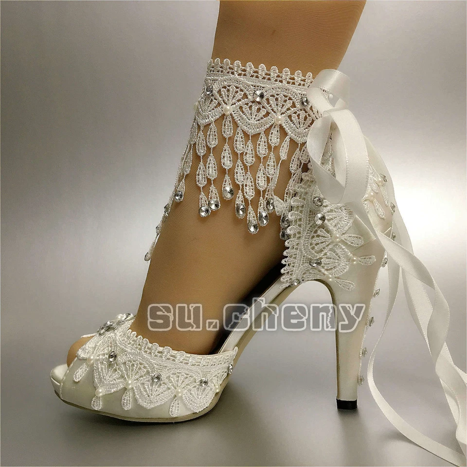  Su.cheny 3"4” Tacón Borla Blanco Marfil Satén Cinta Peep Toe Boda Zapatos de Novia Foto 4 de 4