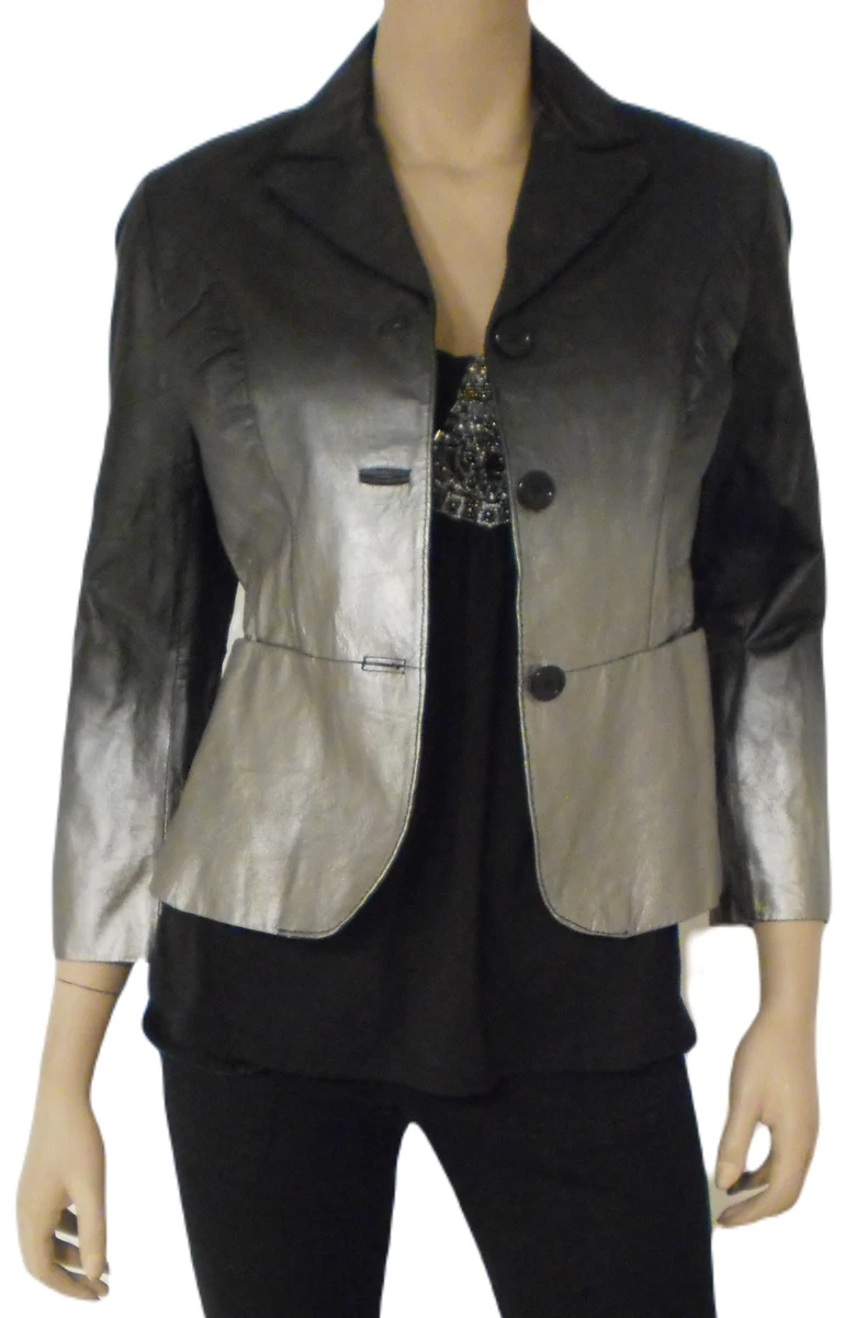 Metro Style Chrome Silver Black Short Leather Fitted Jacket Womens Size 4
