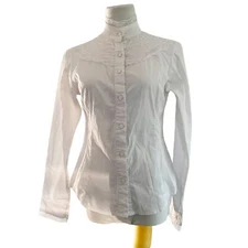 Vintage Womens Size 4 Victorian Blouse Lace Ruffle High Neck Button Front White