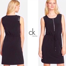 Calvin Klein Black Slinky Knit Sheath Dress Drawstring Waist Work Casual Sz S