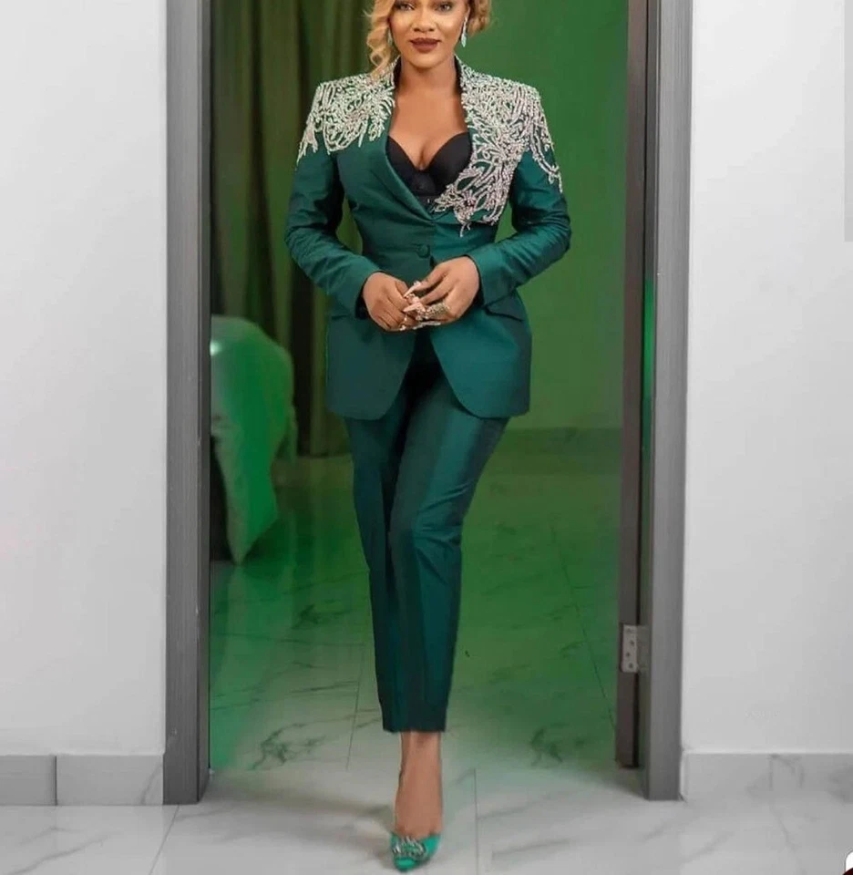 Traje de mujer verde con tachuelas de diamantes de un solo pecho boda talla grande 6 8 10 Foto 2 de 4