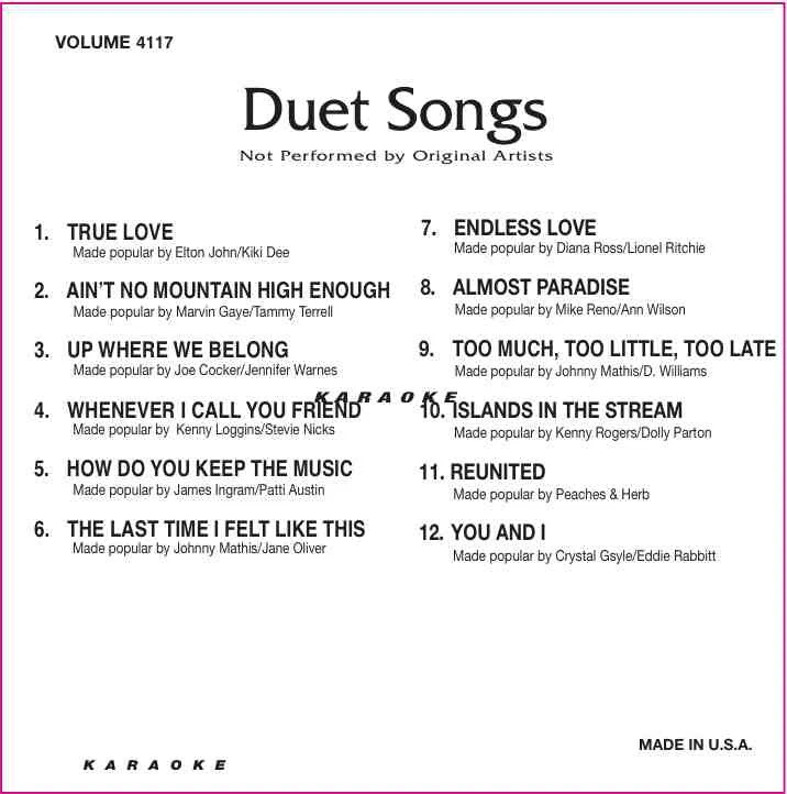 DUETS SONGS Karaoke CD G 12 Tracks Backstage 4117 New in ORGINAL