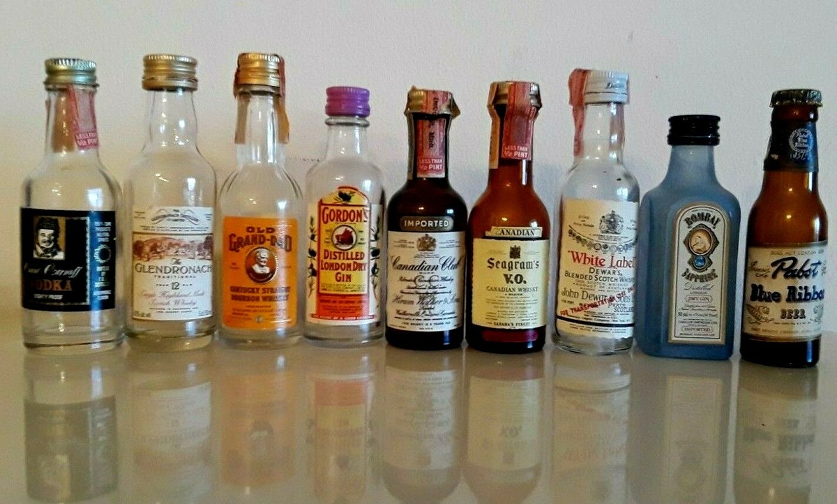 Lot of Nine EMPTY VTG 1960s Miniature Glass Liquor Bottles Whisky