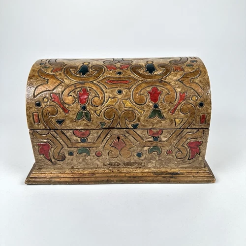 Vtg Hand Carved Painted Wood Folk Art Dome Chest Jewelry Trinket Box- 9.75" L