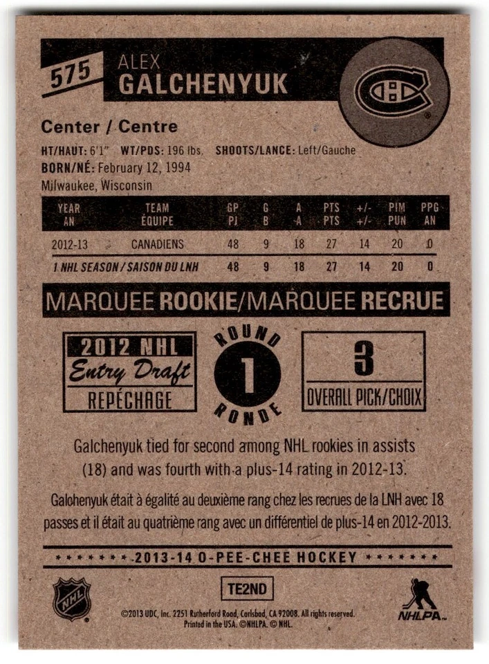 2013-14 O-Pee-Chee Alex Galchenyuk Rookie #575 Montreal Canadiens - Image 2 of 2