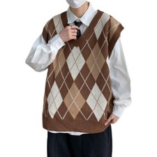 Men Knitted Vest Waistcoat Sleeveless Sweater Jumper Argyle Loose Pullover Vest