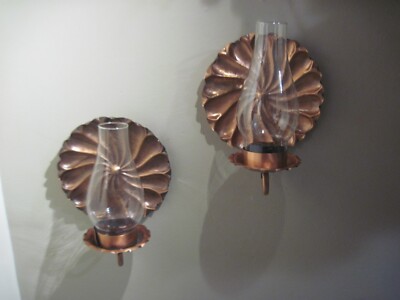 Gregorian Brothers Scalloped Copper Candle Sconce Pair w/Shades Pair 10''