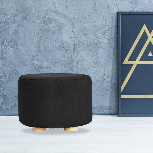 Fabric Ottoman Round Foot Stool Rest Pouffe Wooden Leg Padded Seat - BLACK - Picture 11 of 12